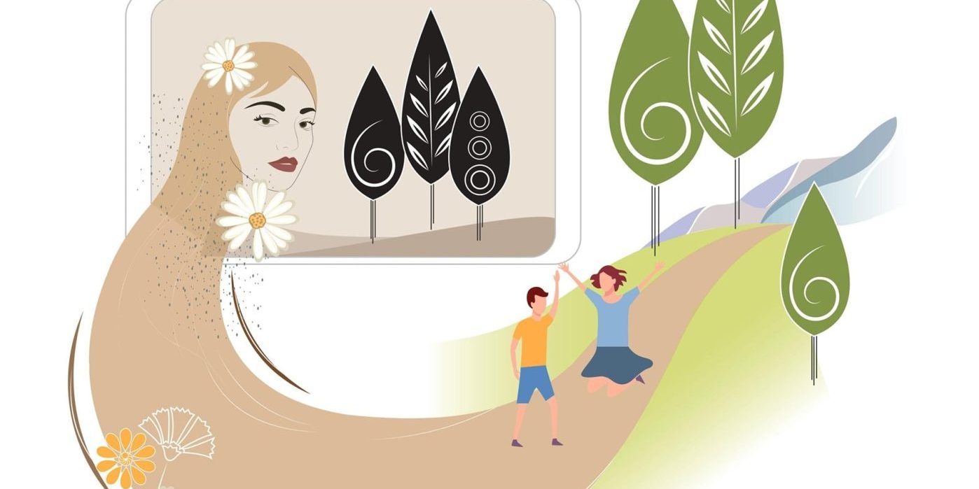 Illustraion of girls hair coming out of a screen and turning into a pathway where children play