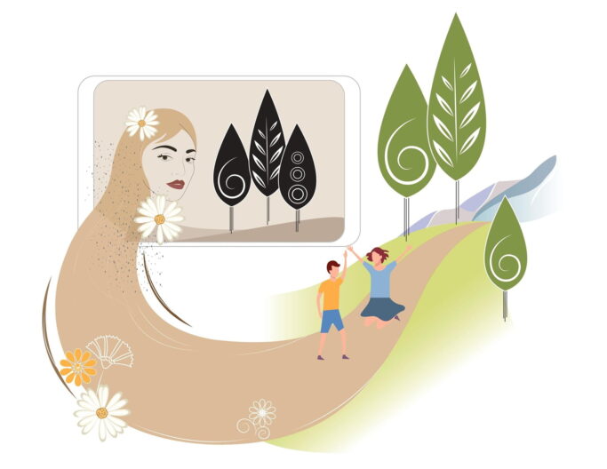 Girl in the park and on screen Illustraion of girls hair coming out of a screen and turning into a pathway where children play