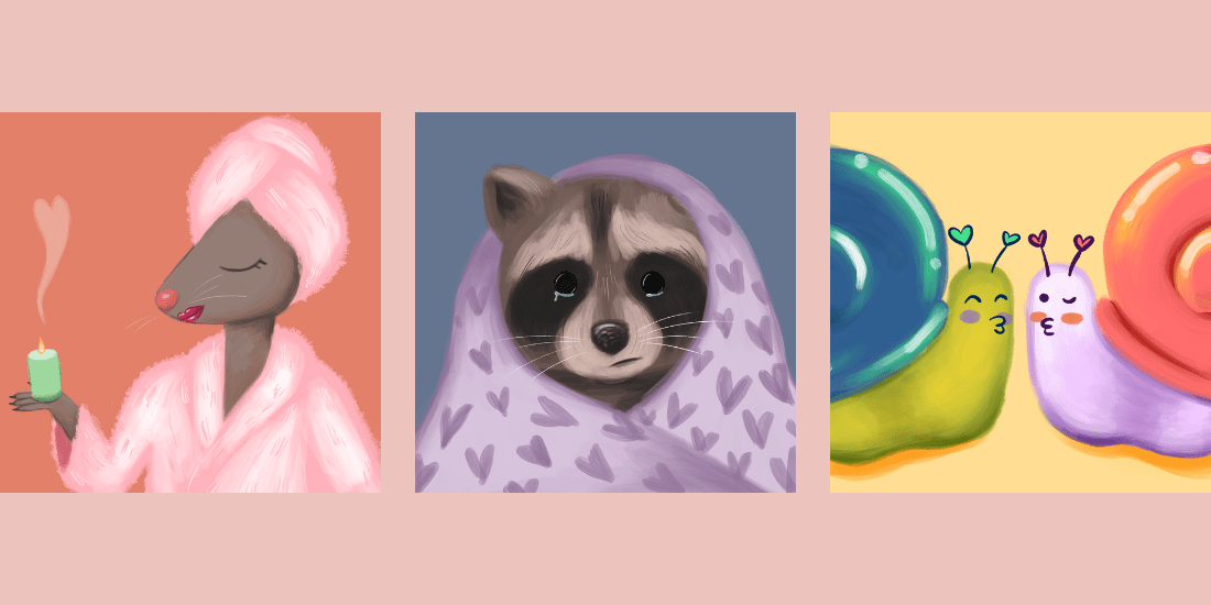 drawing of raccoon, snails, and fancy girl mouse