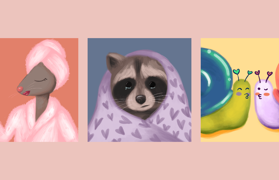 drawing of raccoon, snails, and fancy girl mouse