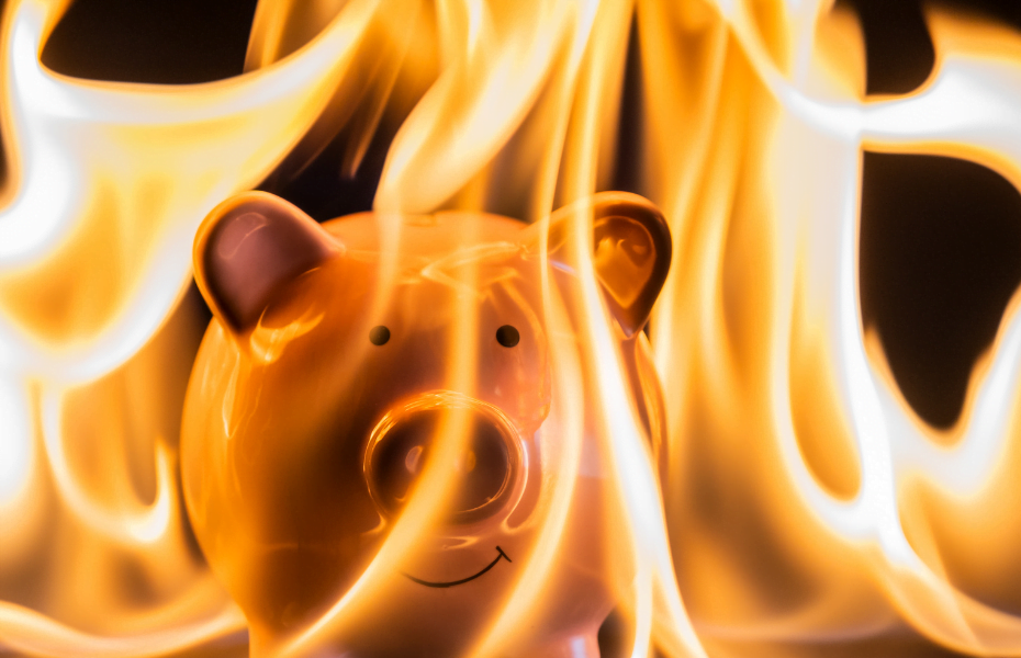 piggy bank on fire